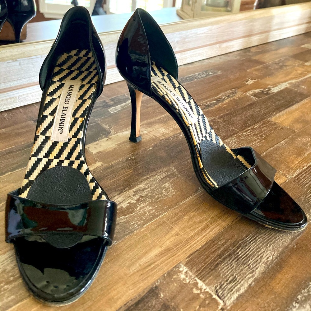 Manolo Blahnik Black Patent Open Toe Heels